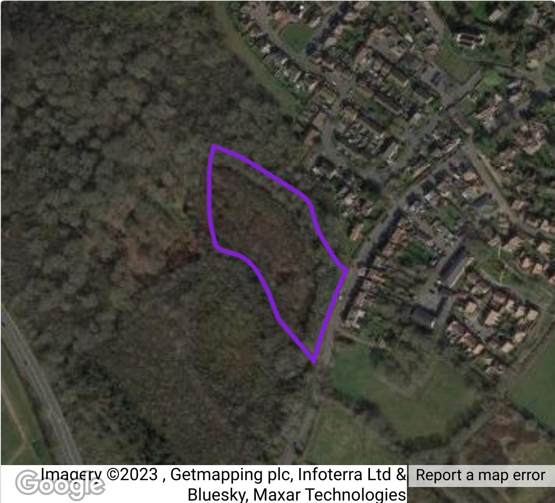 Satellite map showing the Moat Wood site boundary outlined in purple