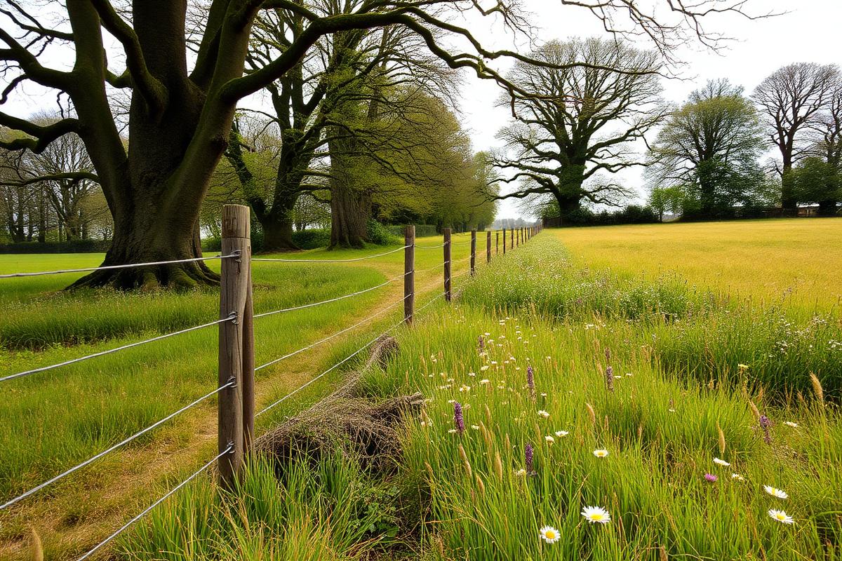 Field boundary running alongside mature woodland at Moat Wood