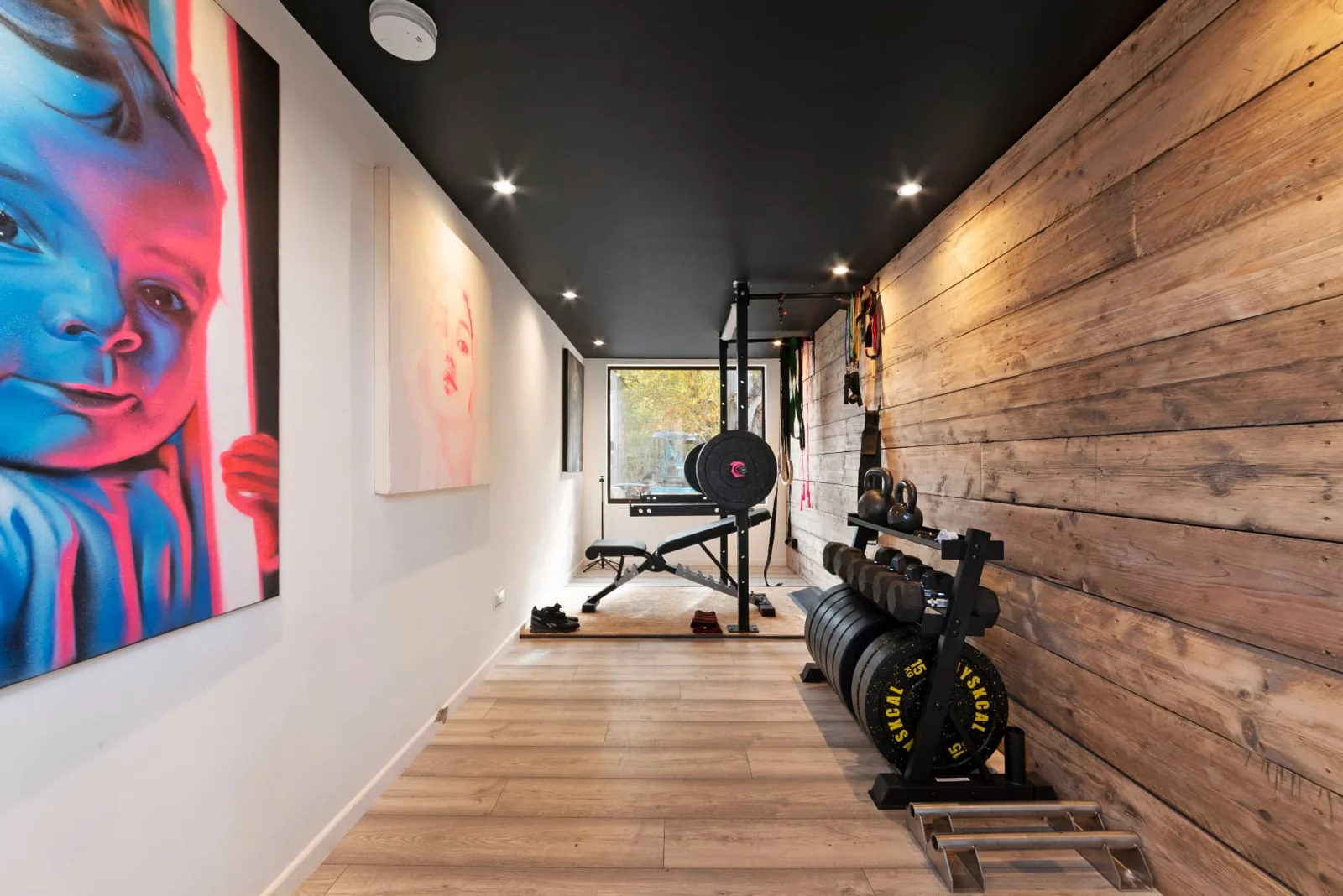 Finished Gym container with colourful artwork, timber feature wall and exercise equipment