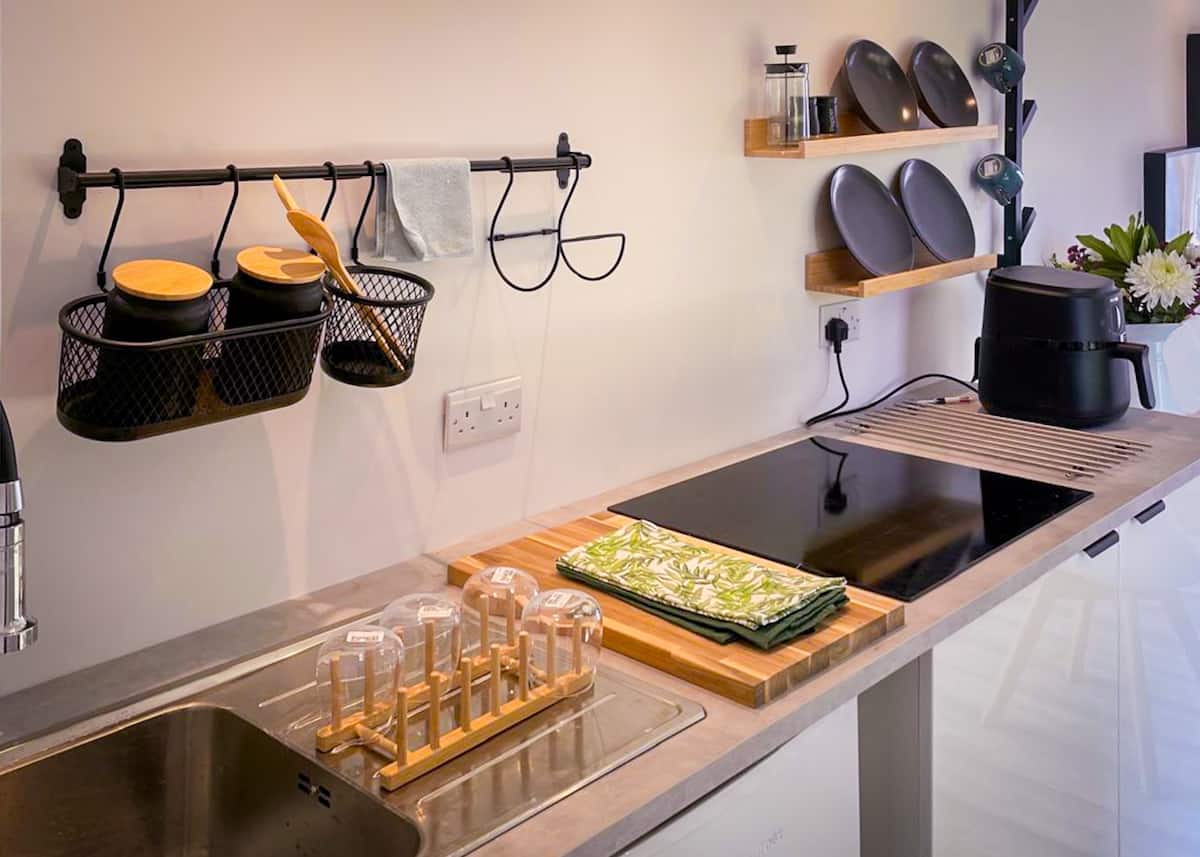 Kitchen inside the Marshwood Eco Pod shipping container conversion