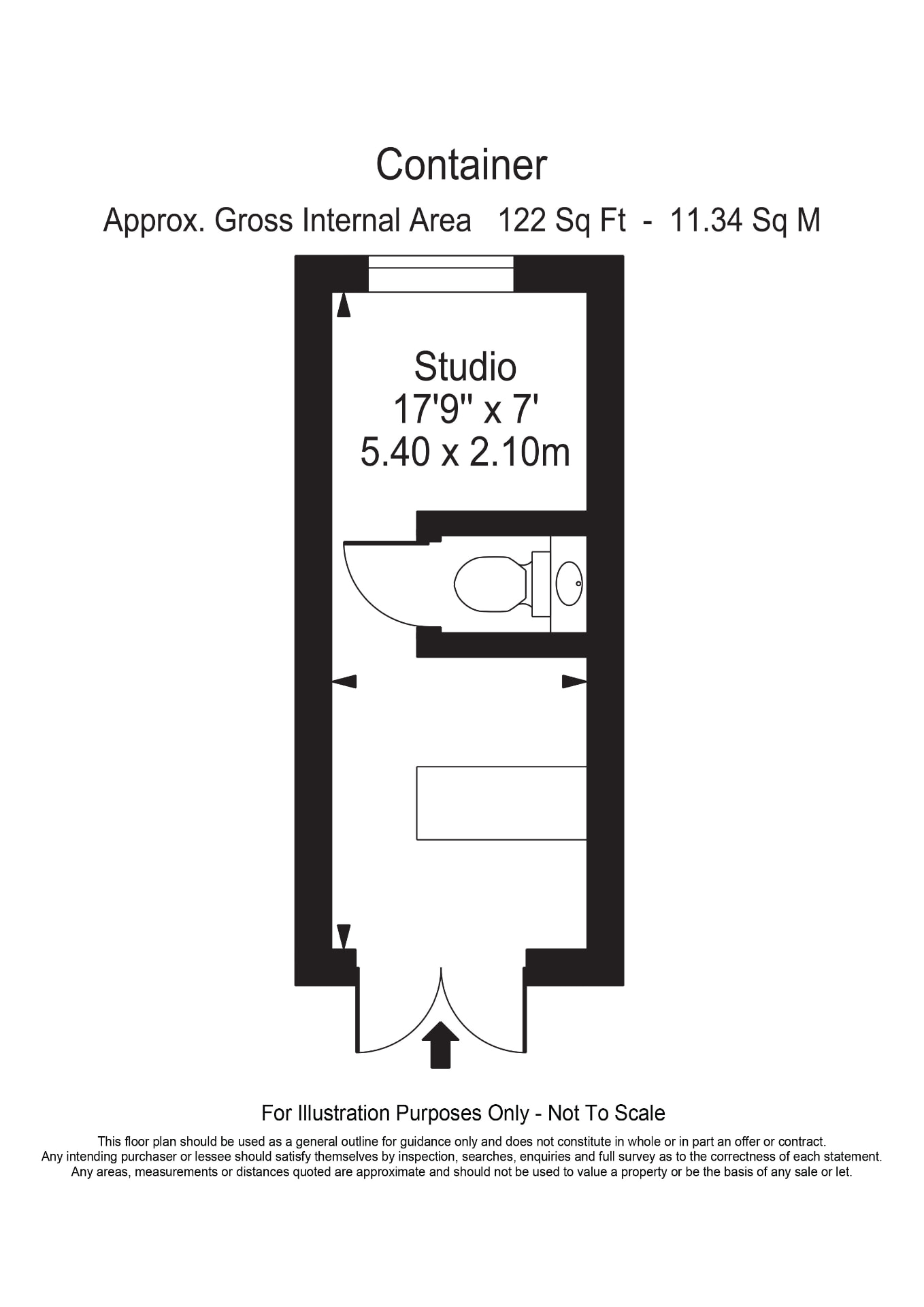 Illustrative 20 ft container floor plan with studio space, shower room and kitchenette