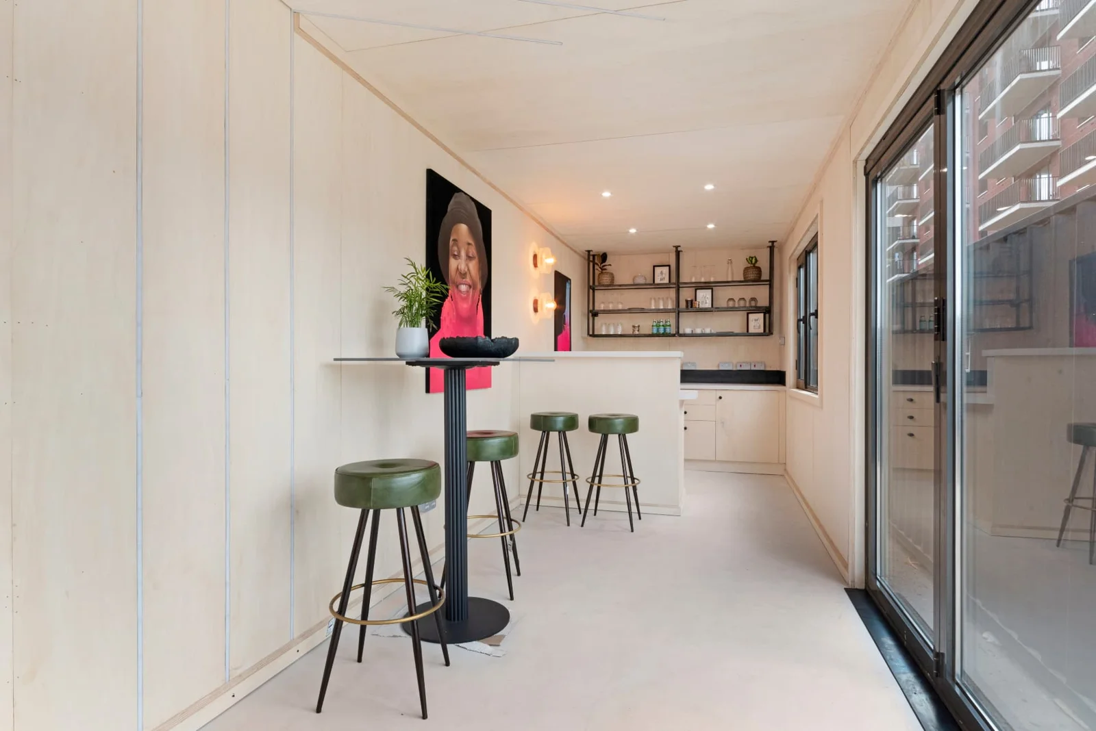 Commercial Unit 07 fitted bar, stools and full-height glazing