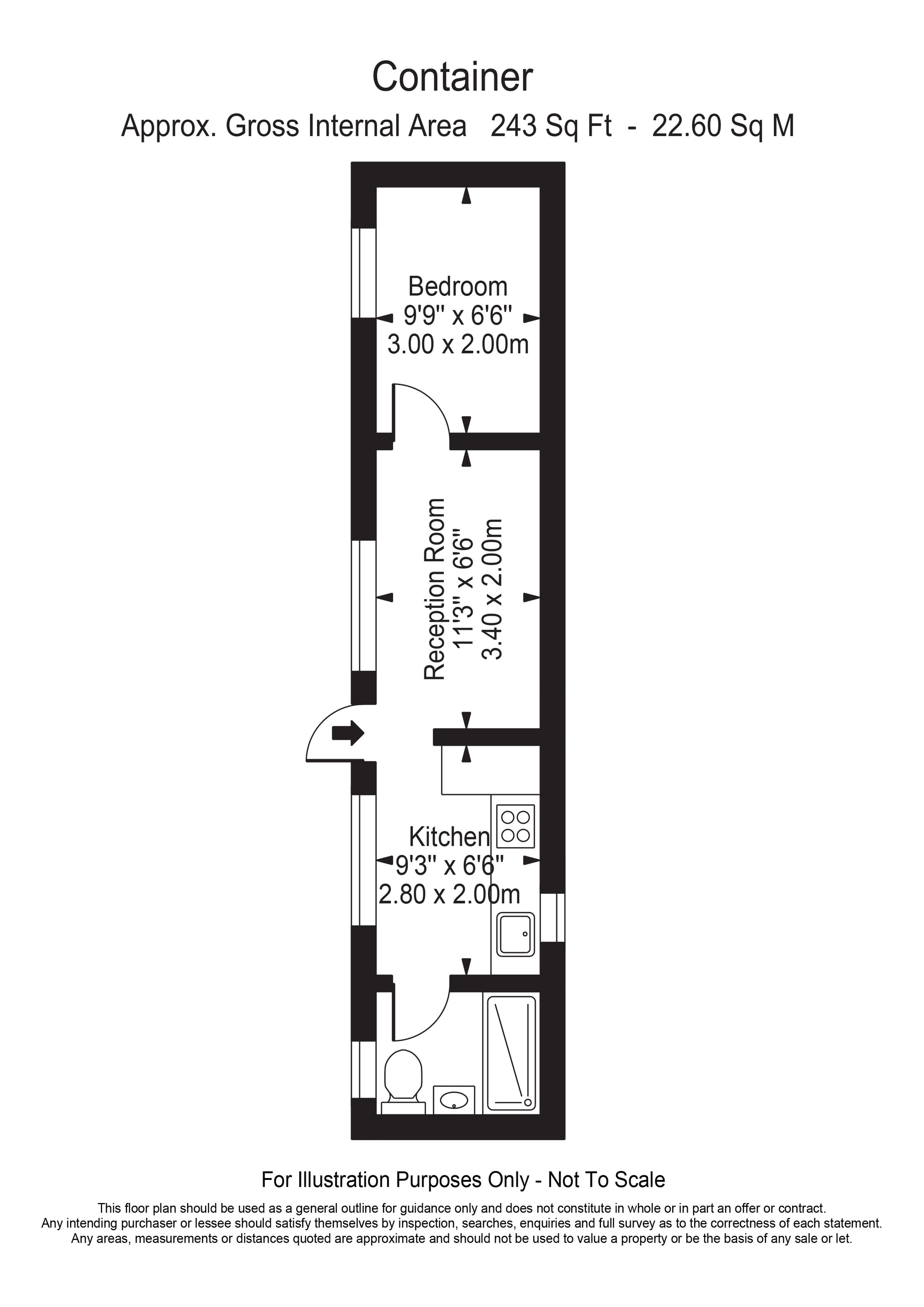 Illustrative 40 ft container layout with bedroom, living space, kitchen and bathroom