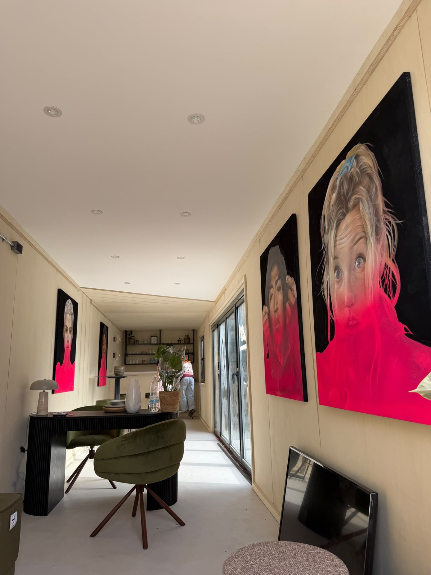 Interior fit-out of a Roamify commercial container conversion with gallery lighting and open-plan living space